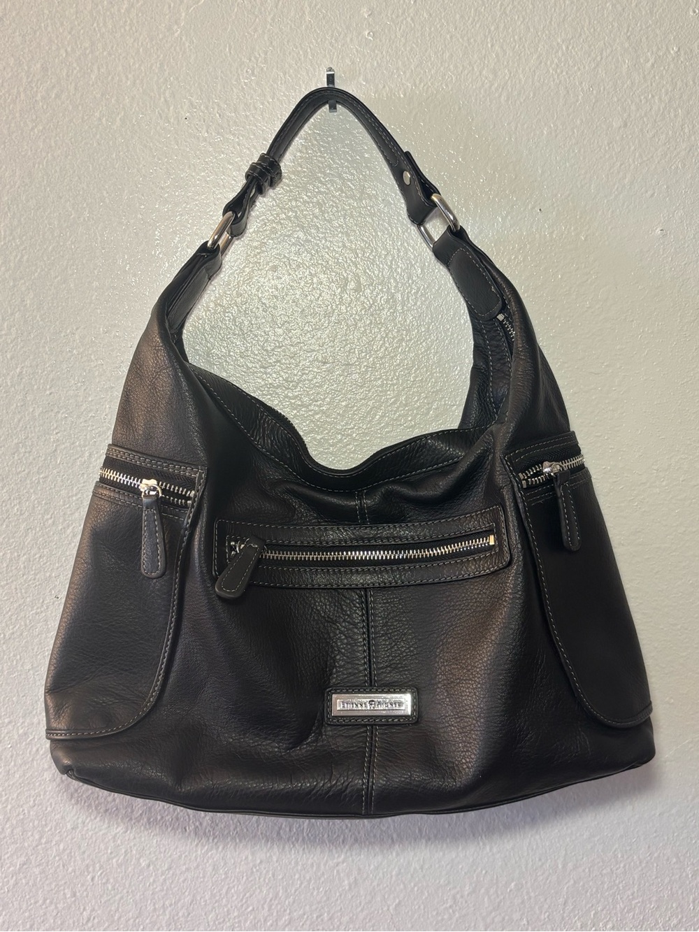 Etienne Aigner Black Leather Shoulder Bag with Silver Hardware